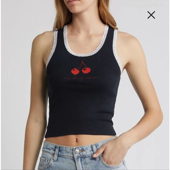 Daydreamer My Cherry Amour Lace Trim Tank Top In Black Onyx NWT - Picture 1 of 6